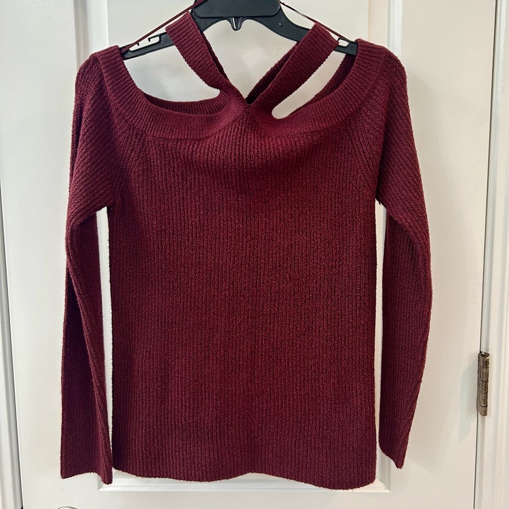 1. STATE Ribbed Knit Cutout Neck Soft Burgundy Sweater - Size Medium
